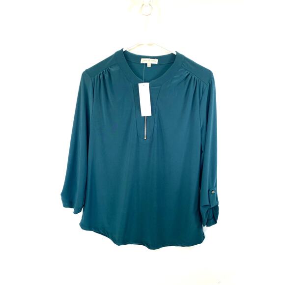 NWT Joie de Vivre Hunter Green Zip 3/4 sleeve Shirt - Picture 1 of 7